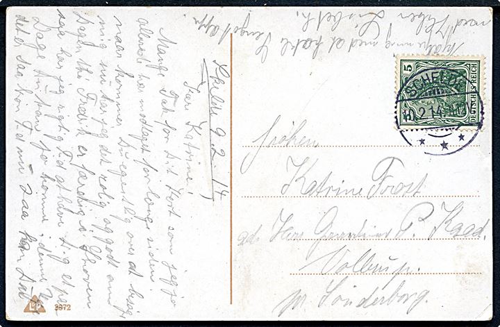 5 pfg. Germania på brevkort stemplet Schelde *** d. 10.2.1914 til Sønderborg.