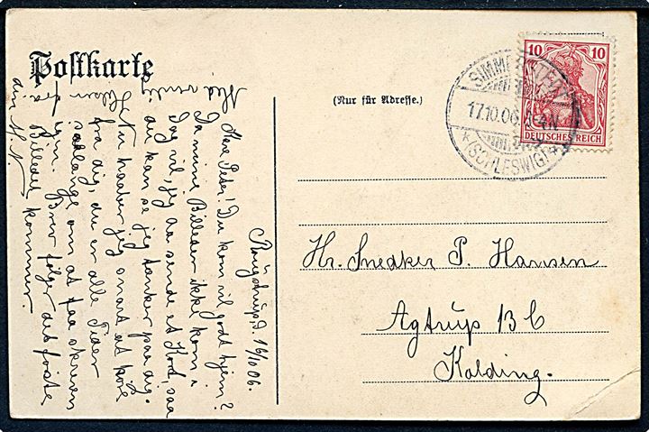 10 pfg. Germania på brevkort stemplet Simmerstedt *(Schleswig)* d. 17.10.1906 til Kolding, Danmark.