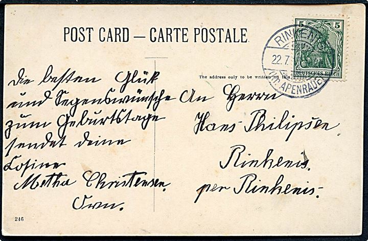 5 pfg. Germania på brevkort stemplet Rinkenis (Kr. Apenrade) d. 22.7.1913 til Rinkenæs.