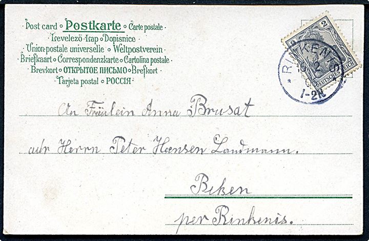 2 pfg. Germania på lokalt brevkort annulleret med enringsstempel Rinkenis d. 16.2.1906.
