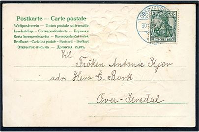 5 pfg. Germania på lokalt nytårsjort annulleret med blåligt stempel Oberjersdal d. 30.12.1906.