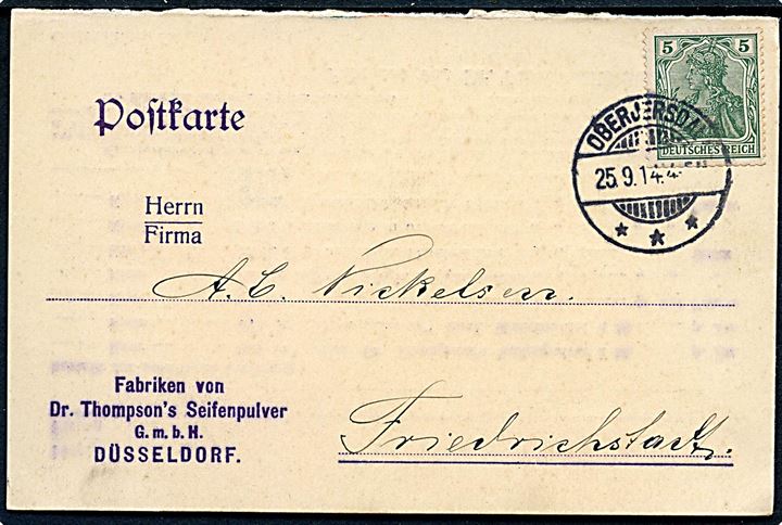 5 pfg. Germania på brevkort stemplet Oberjersdal d. 25.9.1914 til Friedrichstadt.