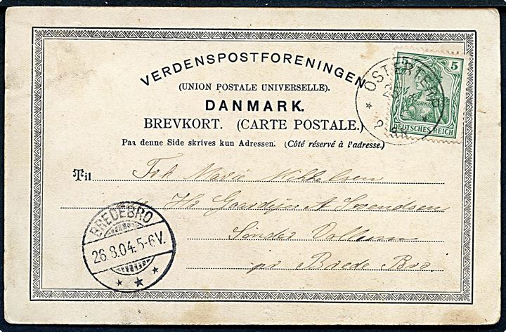 5 pfg. Germania på brevkort annulleret med enrigssstempel Osterterp d. 25.8.1904 til Bredebro.