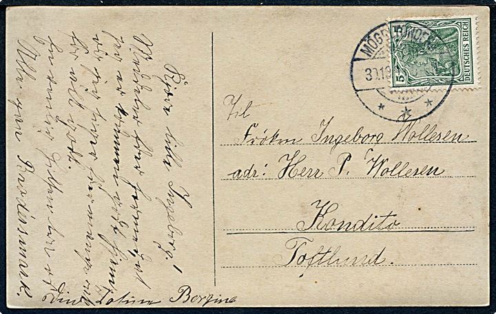 5 pfg. Germania på brevkort stemplet Mögeltondern *** d. 30.10.1908 til Toftlund.