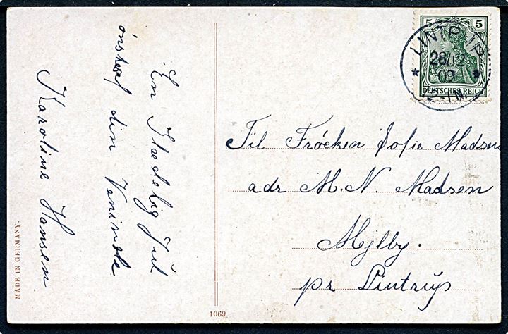 5 pfg. Germania på julekort annulleret med enringsstempel Lintrup d. 28.12.1909 til Mejlby pr. Lintrup.