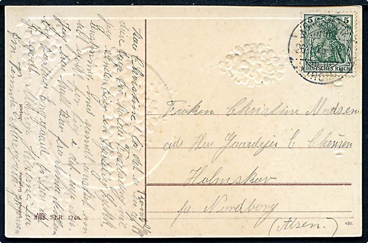 5 pfg. Germania på brevkort annulleret Kongsmark *(Röm)* d. 26.7.1915 til Nordborg på Als.