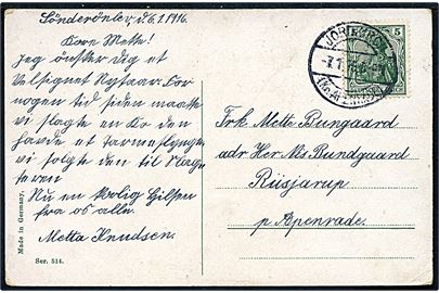 5 pfg. Germania på brevkort stemplet Jordkirch (Kr. Apenrade) d. 7.1.1916 til Aabenraa.