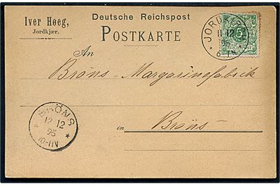 5 pfg. Ciffer på brevkort stemplet Jordkirch d. 11.12.1895 til Brøns.
