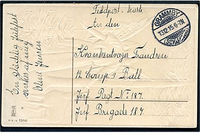 Ufrankeret feltpostkort stemplet Grammby (Schleswig) d. 13.12.1915 til sønderjysk sygehjælper i 187. Infanteri Regiment.