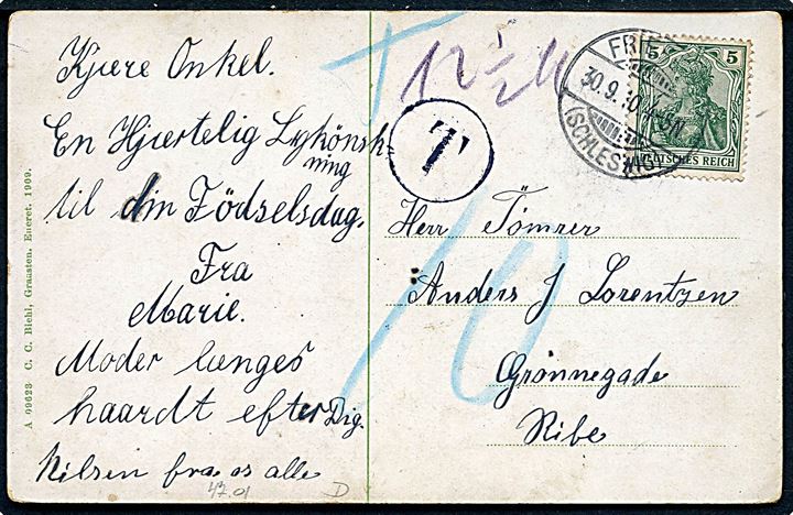 5 pfg. Germania på underfrankeret brevkort stemplet Freifeld (Schleswig) d. 30.9.1910 til Ribe, Danmark. Udtakseret i 10 øre dansk porto.