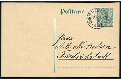 5 pfg. helsagsbrevkort annulleret med enringsstempel Christiansfeld d. 27.3.1914 til Friedrichstadt.