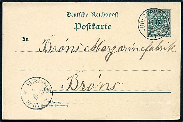5 pfg. helsagsbrevkort annulleret med enringsstempel Bülderup Bau d. 11.12.1896 til Bröns.