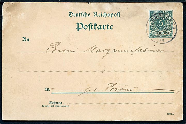5 pfg. helsagsbrevkort annulleret med enringsstempel Broacker d. 8.4.1892 til Brøns. Fugtskadet.