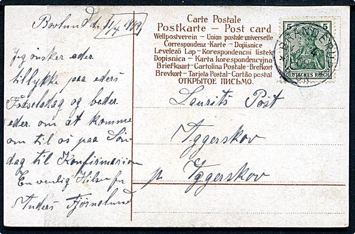 5 pfg. Germania på brevkort annulleret med enringsstempel Branderup d. x.4.1909 til Agerskov.