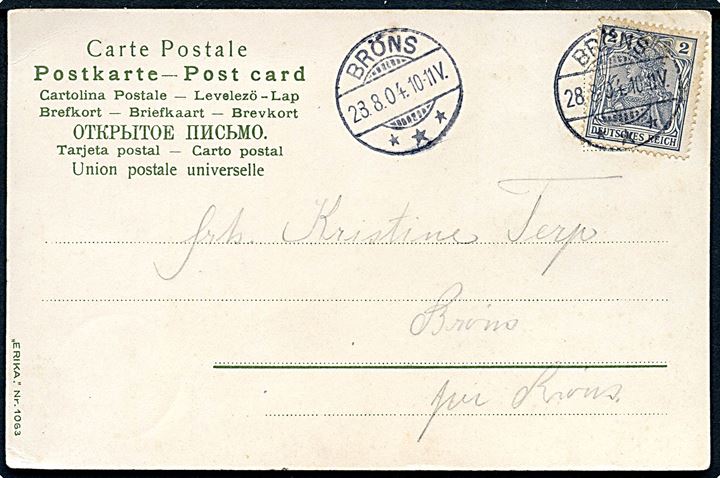 2 pfg. Germania på lokalt brevkort stemplet Bröns d. 28.3.1904.