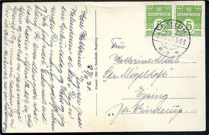 5 øre Bølgelinie i parstykke på brevkort stemplet brotype IIb Ballum d. 27.11.1930 til Vinderup.