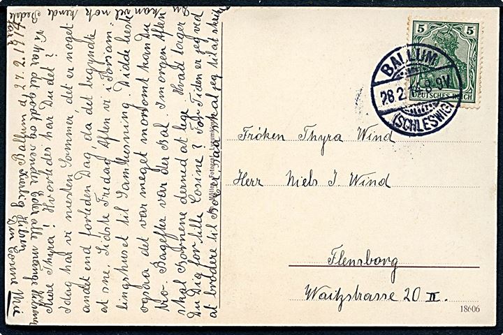 5 pfg. Germania på brevkort stemplet Ballum (Schleswig) d. 28.2.1914 til Flensburg.