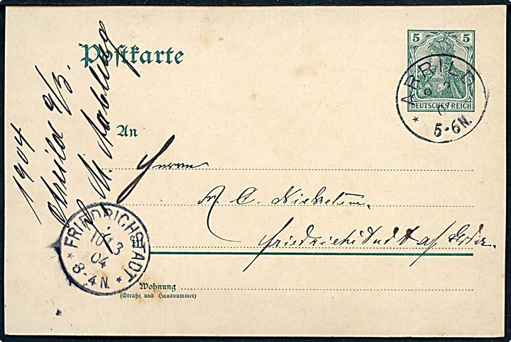 5 pfg. helsagsbrevkort annulleret med enringsstempel Arrild d. 9.3.1904 til Friedrichstadt.