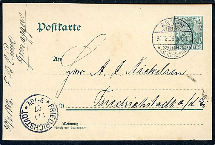 5 pfg. helsagsbrevkort stemplet Arnum * (Schleswig)* d. 31.12.1906 til Friedrichstadt.