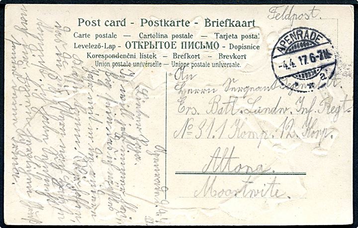 Ufrankeret feltpostkort stemplet Apenrade **a d. 4.4.1917 til soldat i Altona.