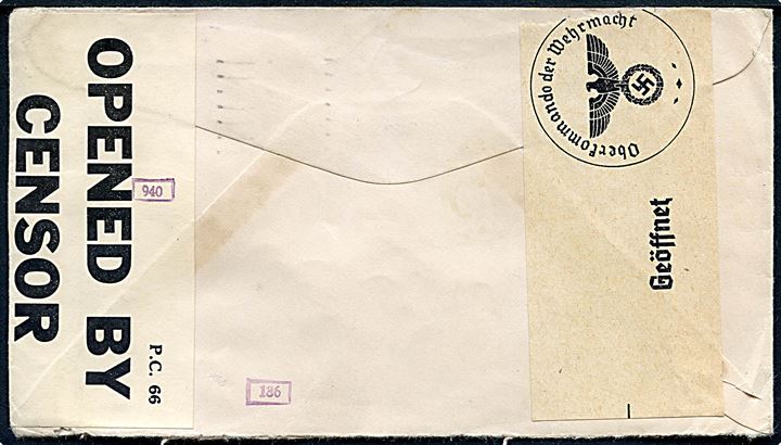 5 cents West Point single på overfradebrev fra Chicago d. 6.11.1939 til Wien, Tyskland. Åbnet af tidlig britisk censur PC66/1250 og tysk censur.