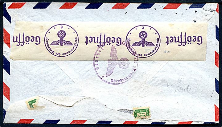 5 cents MacDonell og 25 cents Pacific Clipper på luftpostbrev påskrevet Clipper Service via Lisbon-Rome fra New York d. 31.5.1940 til Berlin, Tyskland - eftersendt til Zoppot (Danzig).Åbnet af tysk censur.