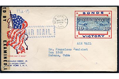 10 cents Luftpost på patriotisk kuvert sendt som luftpost fra New York d. 11.5.1945 til Havanna, Cuba. Åbnet af amerikansk censur no. 31325.