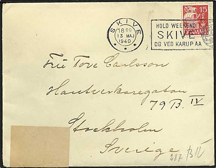 15 øre Karavel på brev fra Skive d. 13.5.1940 til Stockholm, Sverige. Åbnet af tysk censur i Hamburg(?).