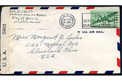 20 cents Transport på luftpostbrev fra Honolulu, Hawaii d. 23.10.1942 til Cleveland, USA. Åbnet af lokal amerikansk censur no. 2602.