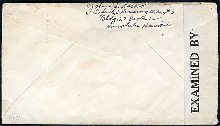 20 cents Transport på luftpostbrev fra Honolulu, Hawaii d. 23.10.1942 til Cleveland, USA. Åbnet af lokal amerikansk censur no. 2602.