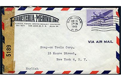 10 cents Transport på luftpostbrev fra San Juan, Puerto Rico d. 15.10.1943 til New York, USA. Åbnet af amerikansk censur no. 5189.
