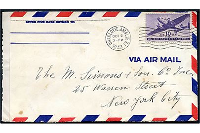 10 cents Transport på luftpostbrev fra Charlotte Amalie, Virgin Islands d. 2.10.1942 til New York, USA. Åbnet af lokal censur no. 3954.