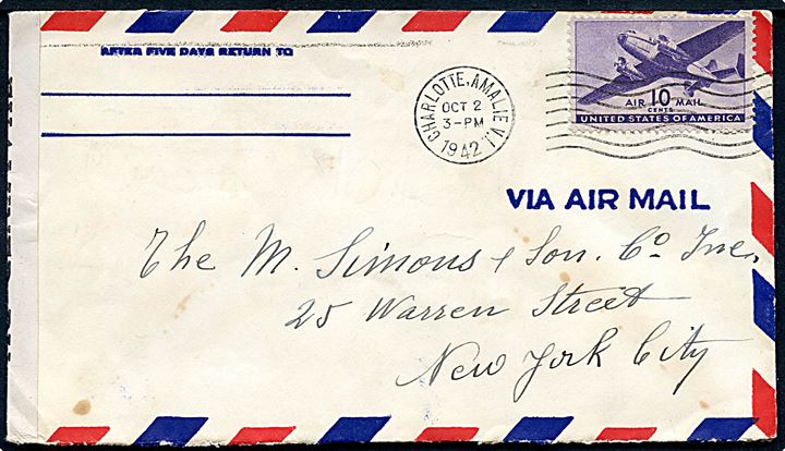 10 cents Transport på luftpostbrev fra Charlotte Amalie, Virgin Islands d. 2.10.1942 til New York, USA. Åbnet af lokal censur no. 3954.