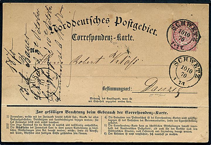 1 gr. på Correspondenz-Karte fra Schwetz d. 10.10.1870 til Danzig.