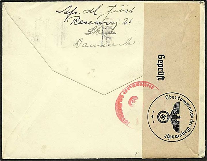 15 øre Karavel på brev fra Skive d. 13.5.1940 til Stockholm, Sverige. Åbnet af tysk censur i Hamburg(?).