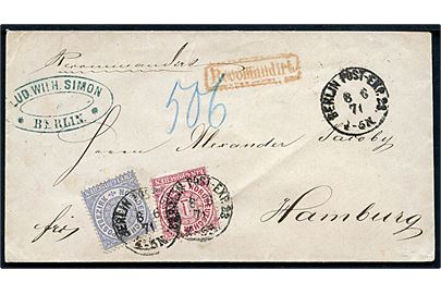 1 gr. og 2 gr. på anbefalet brev fra Berlin d. 8.6.1871 til Hamburg.