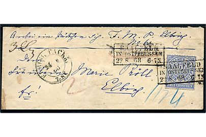 2 gr. stukken kant single på pakkefølgebrev fra Saalfeld in Ostpreussen d. 22.8.1868 til Elbrug.