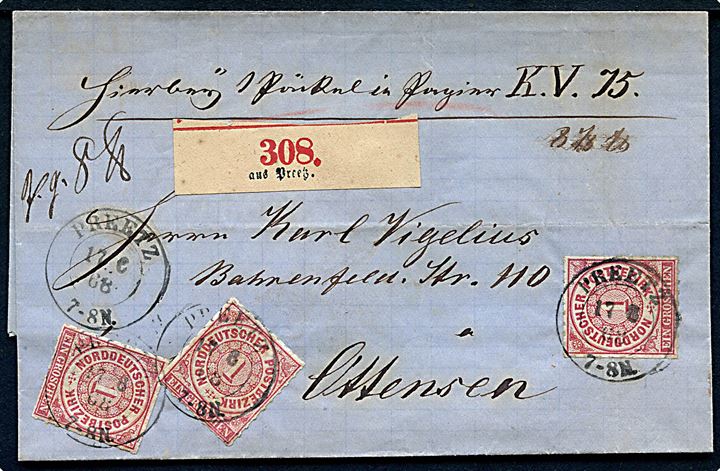 1 gr. (3) på pakkefølgebrev for pakke fra Preetz d. 17.8.1868 til Ottensen.