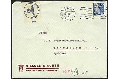 40 øre Karavel på brev fra København d. 19.9.1941 til Klingenthal, Tyskland. Åbnet af tysk censur i Hamburg.