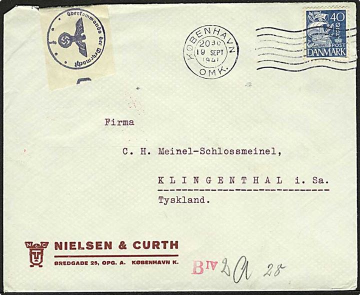 40 øre Karavel på brev fra København d. 19.9.1941 til Klingenthal, Tyskland. Åbnet af tysk censur i Hamburg.