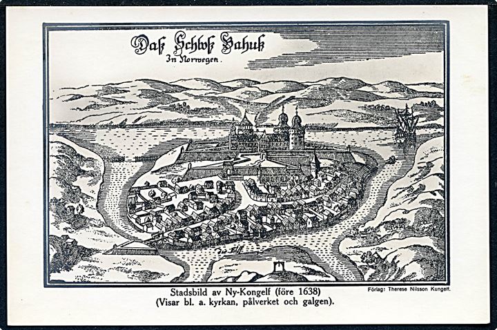 Norge. Stadsbild av Ny - Kongelf (Før 1638). Viser bla. Kirken, pålverket og Galgen. Therese Nilsson u/no. 