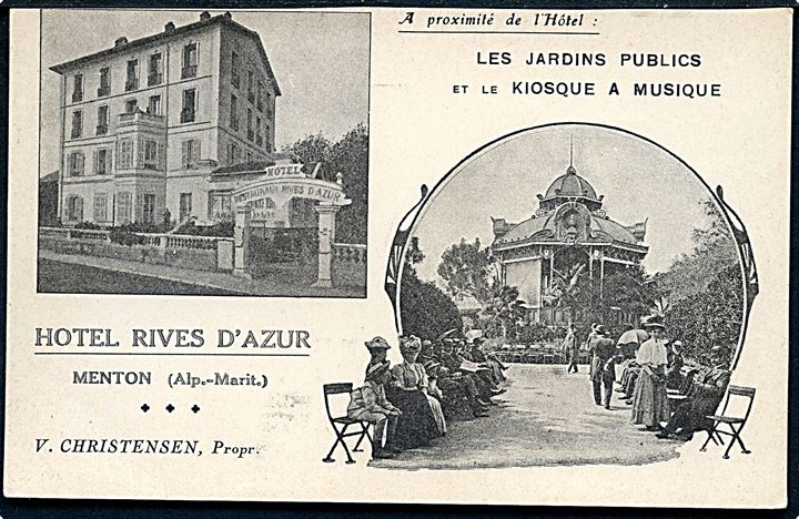 Frankrig. Menton. Hotel Rives D'Azur. Les Jardins Public et le kiosque a musique. 