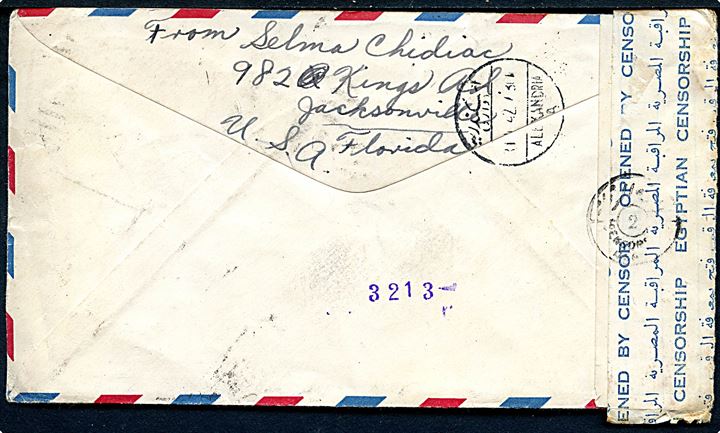 6 cents luftpost helsagskuvert opfrankeret med 4 cents Taft og 20 cents Transport fra Jacksonville d. 23.9.1942 til Alexandria, Egypten. To mærker fjernet/affaldet under transport. Åbnet af egyptisk censur.