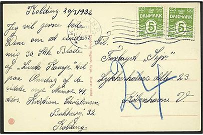 5 øre Bølgelinie (2) med automatafskæring på brevkort fra Kolding d. 20.3.1932 til København.