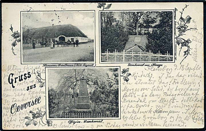 Oeversee, Gruss aus med krigsmindesmærker fra krigen 1864 og Hansen's Gasthaus (Lazarett 1864). U/no.