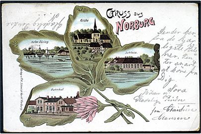 Nordborg, Gruss aus med banegård, kirke, slot og havn.P. H. Schmidt u/no.