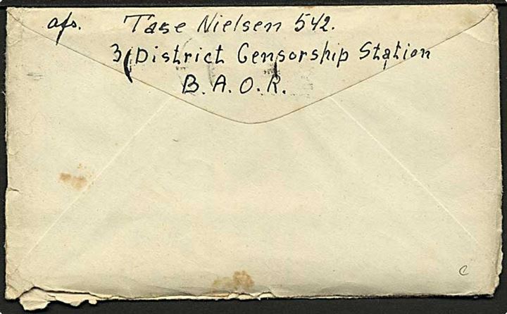 Ufrankeret OAS feltpostbrev stemplet Army Post Office 432 d. 8.4.1946 til København, Danmark. Fra dansk postcensor ved 3rd District Censorship Station i Hamburg.