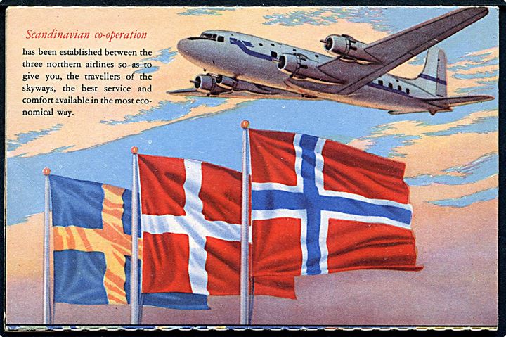 SAS reklamefolder med 3 brevkort - bl.a. landkort med flyruter, DC-6 maskine og interiør fra kabine. Ubrugt.
