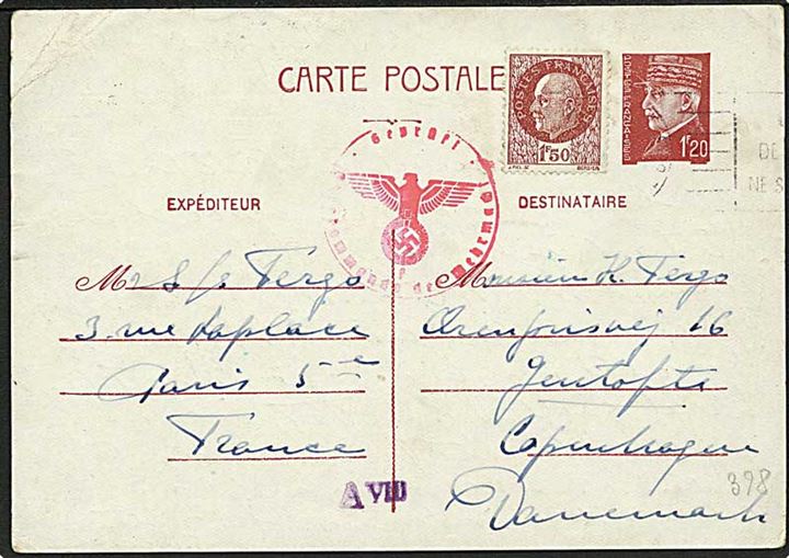 1,20 fr. helsagsbrevkort opfrankeret med 1,50 fr. fra Paris 1943 til København, Danmark. Tysk censur.