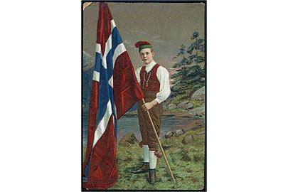 Norsk ung mand i nationaldragt med flag. Kartonkort u/no.